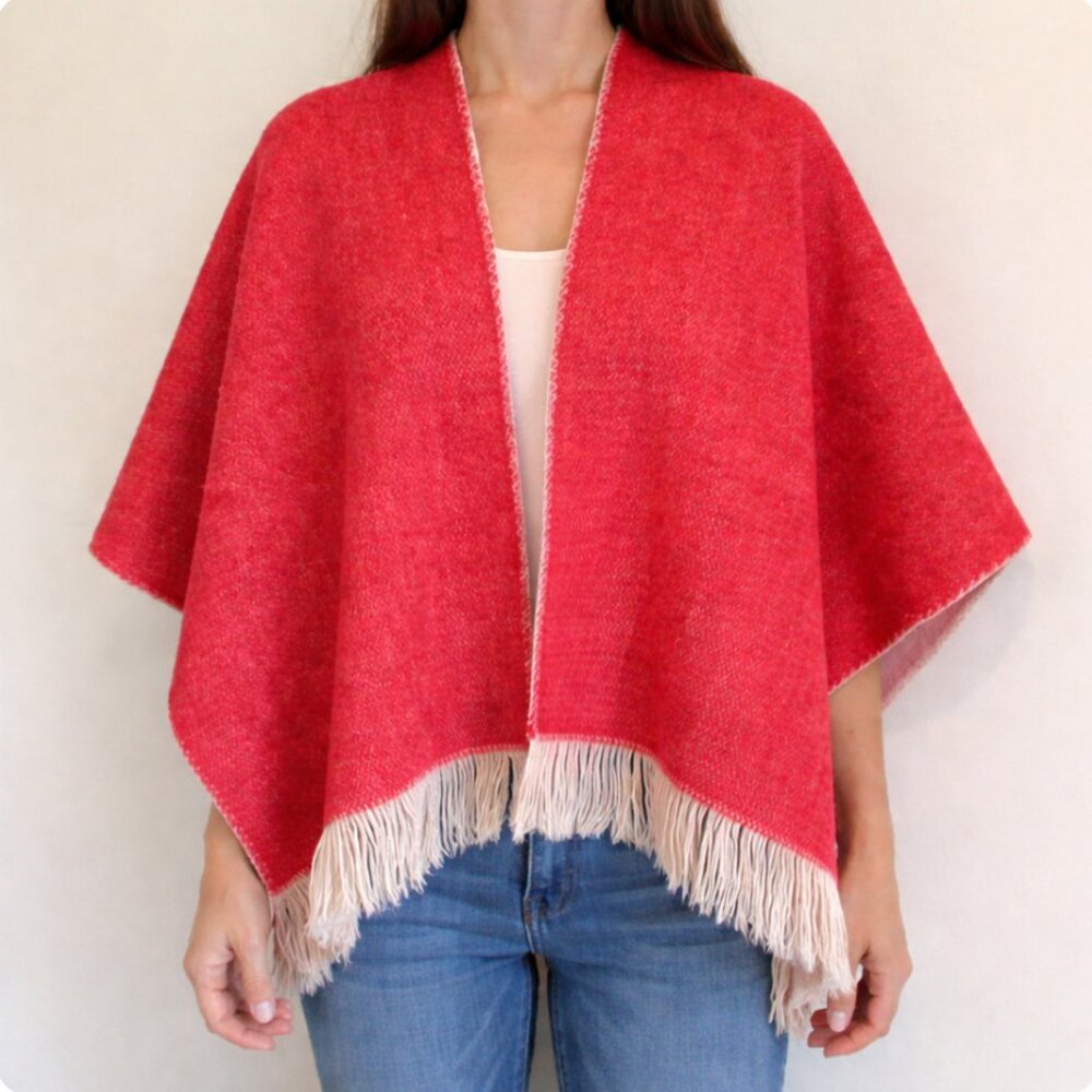Hand Knit Wool Blanket Poncho Reversible w/ Fringe‎ - OS